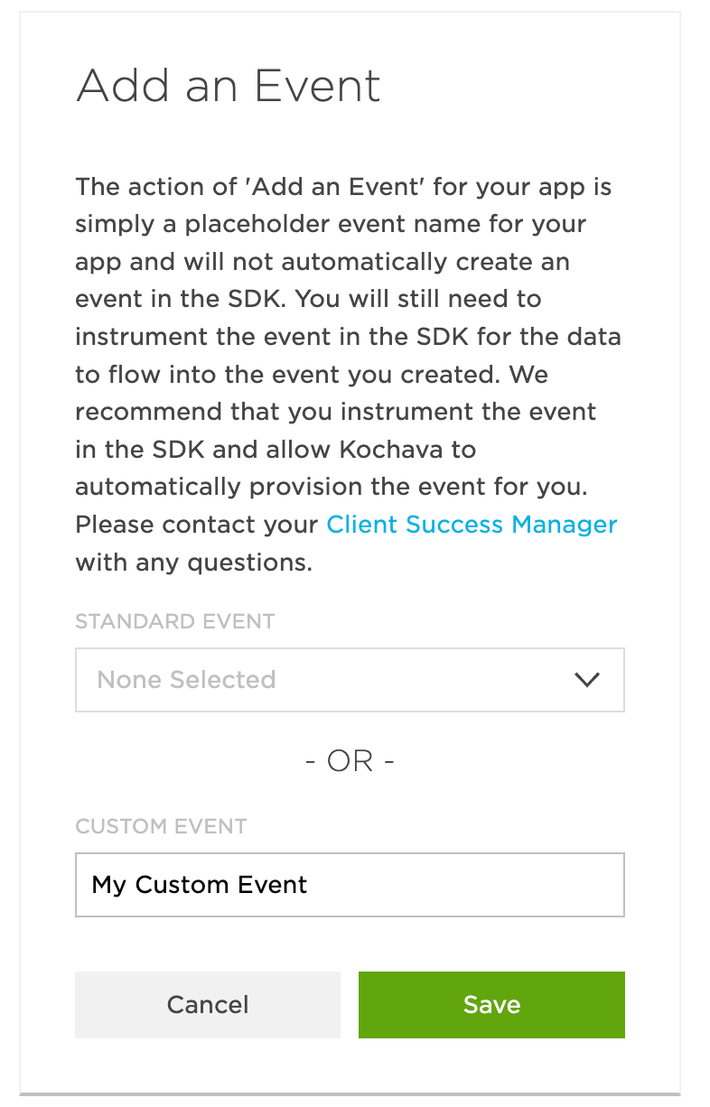 Adding a new custom event in the Kochava Event Manager