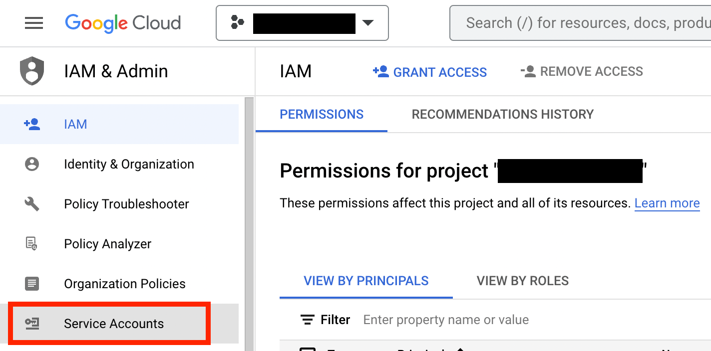 Service Accounts home in the IAM & Admin console