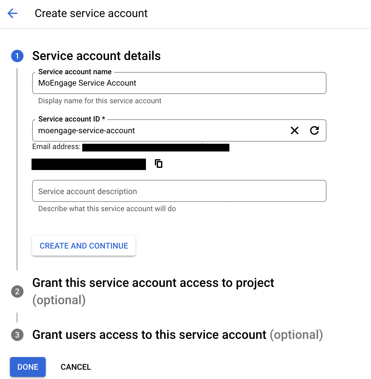 Creating a new service account in Google Cloud