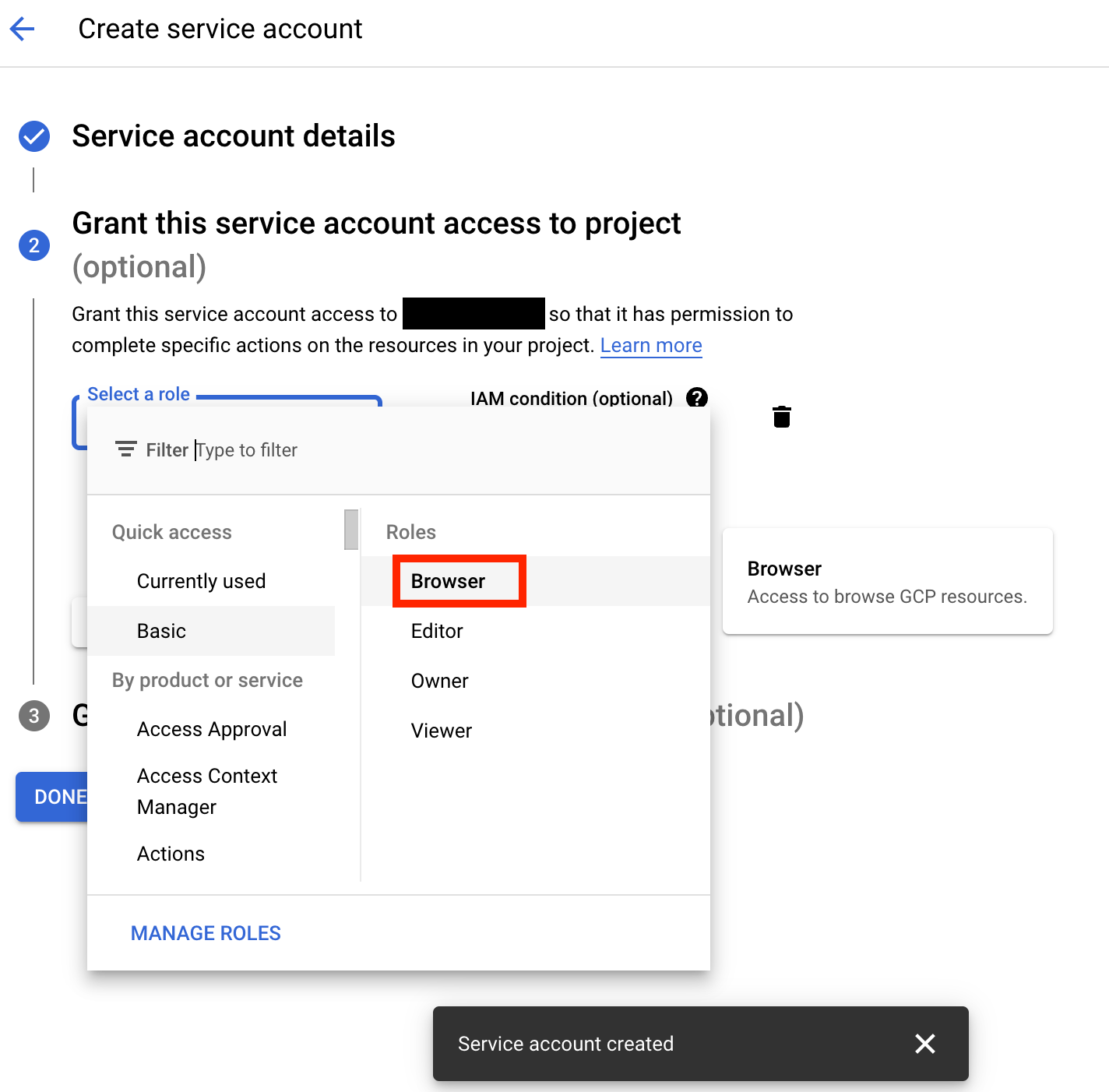 Assigning the Basic > Browser role to the service account
