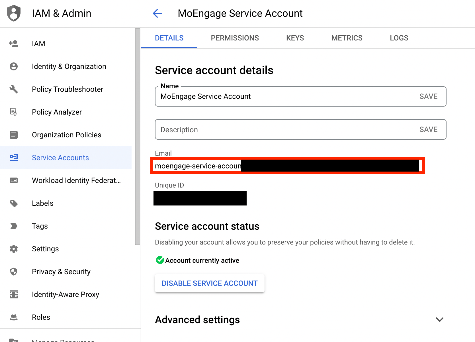 Service account email on the details page