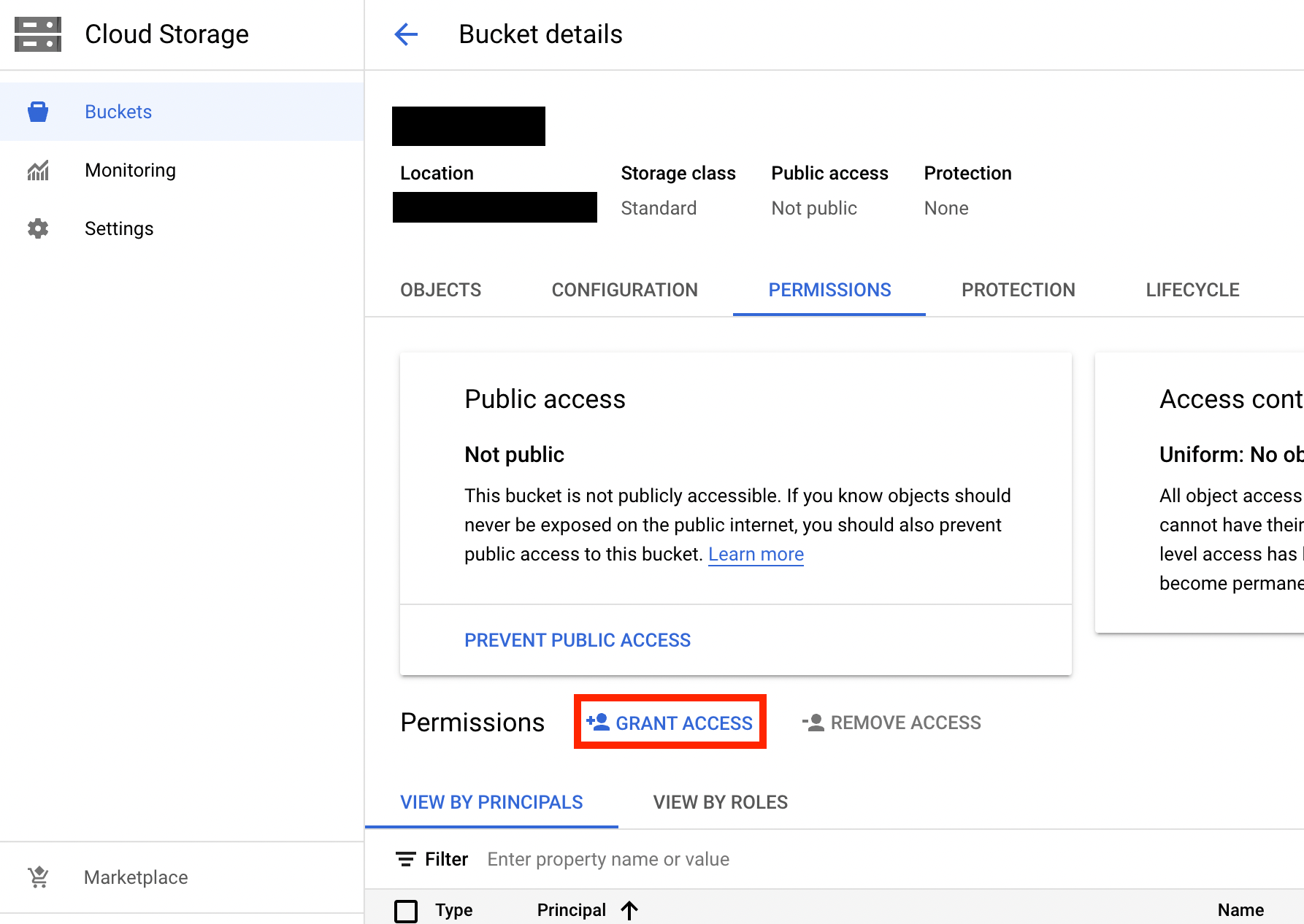 Grant Access option on the bucket Permissions tab