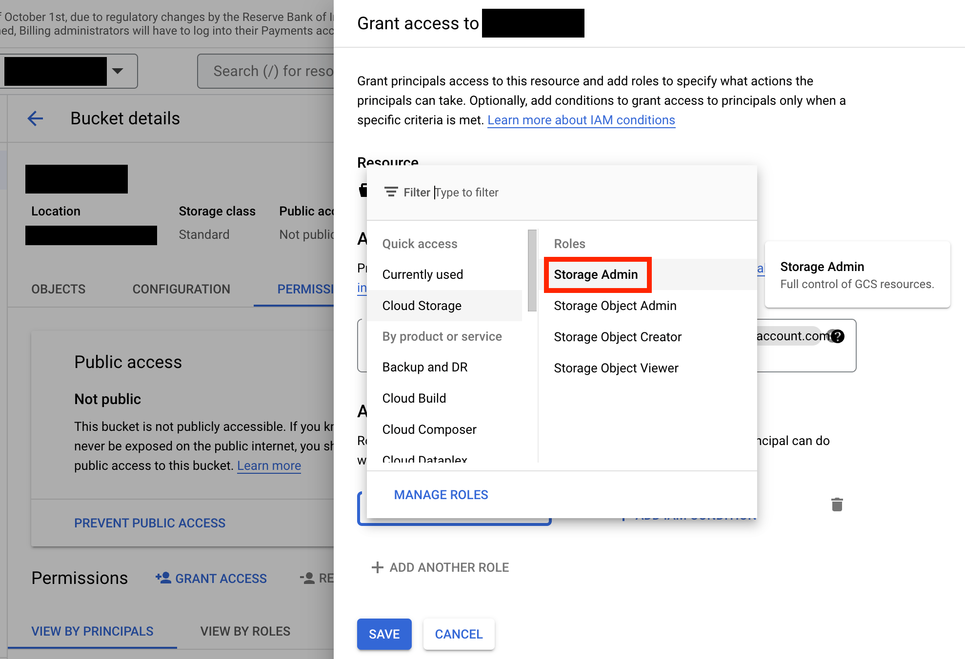 Assigning the Storage Admin role to the service account