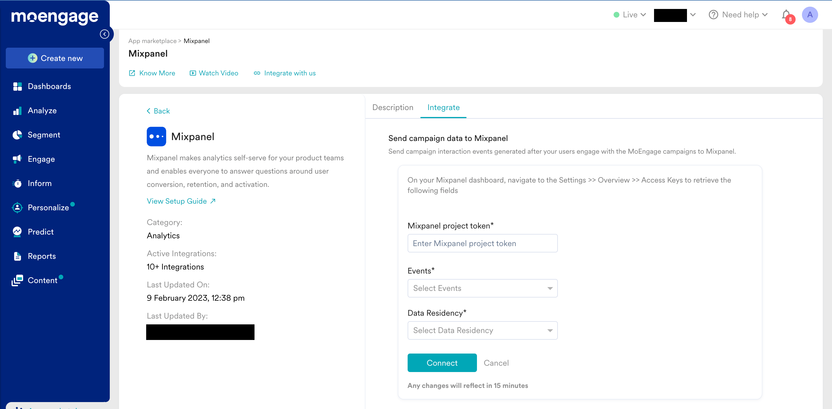 Mixpanel integration in the MoEngage App Marketplace