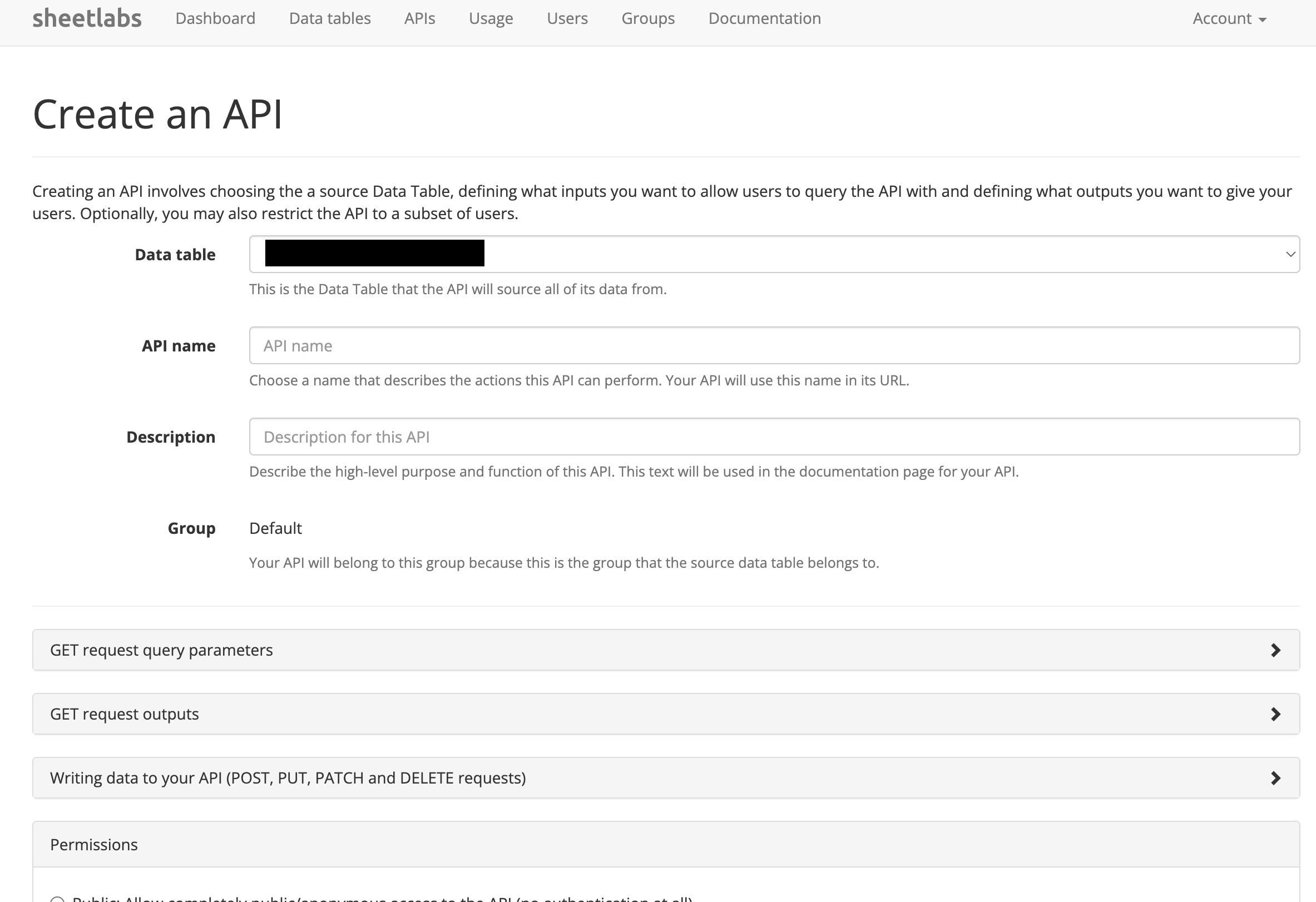 Creating a new API in the Sheetlabs Dashboard