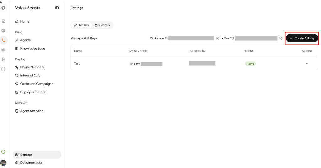 Sarvam Settings page showing the Manage API Keys table with the Workspace and Organization IDs and the Create API Key button