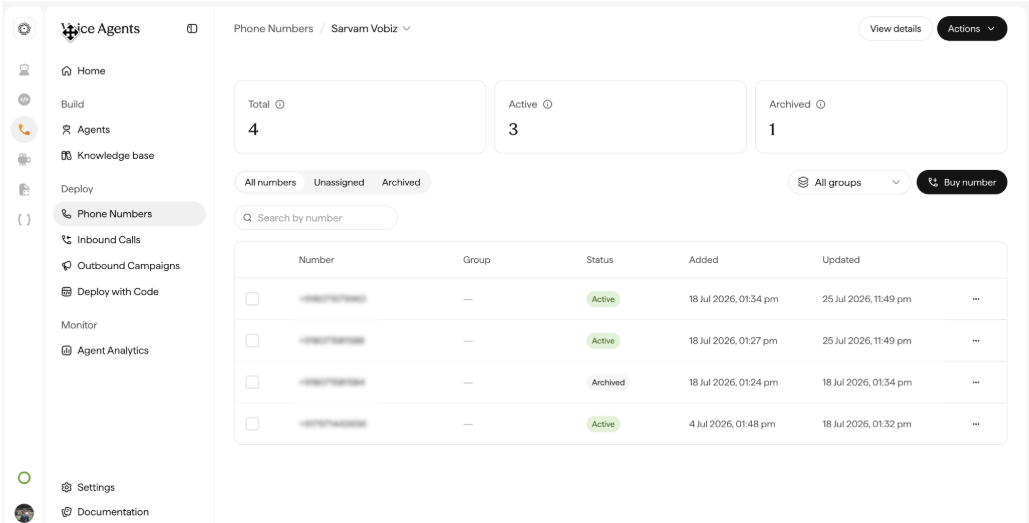 Sarvam Phone Numbers page listing the registered caller numbers with their status