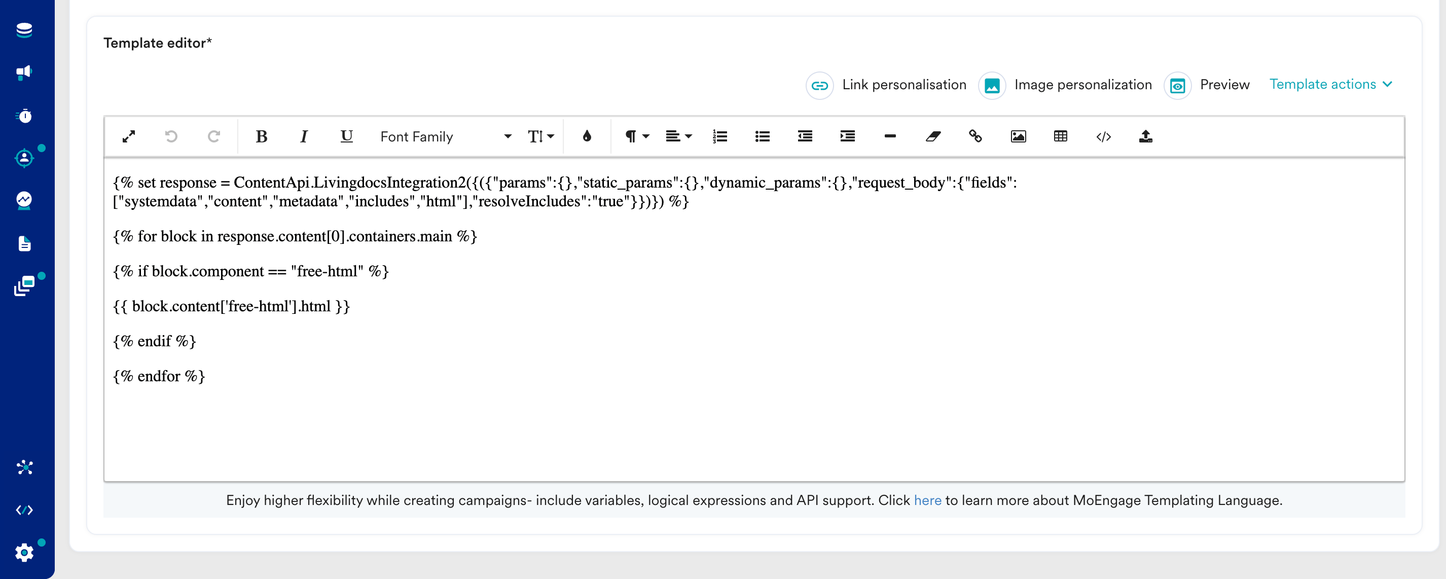 MoEngage editor with Livingdocs template parsed using JINJA