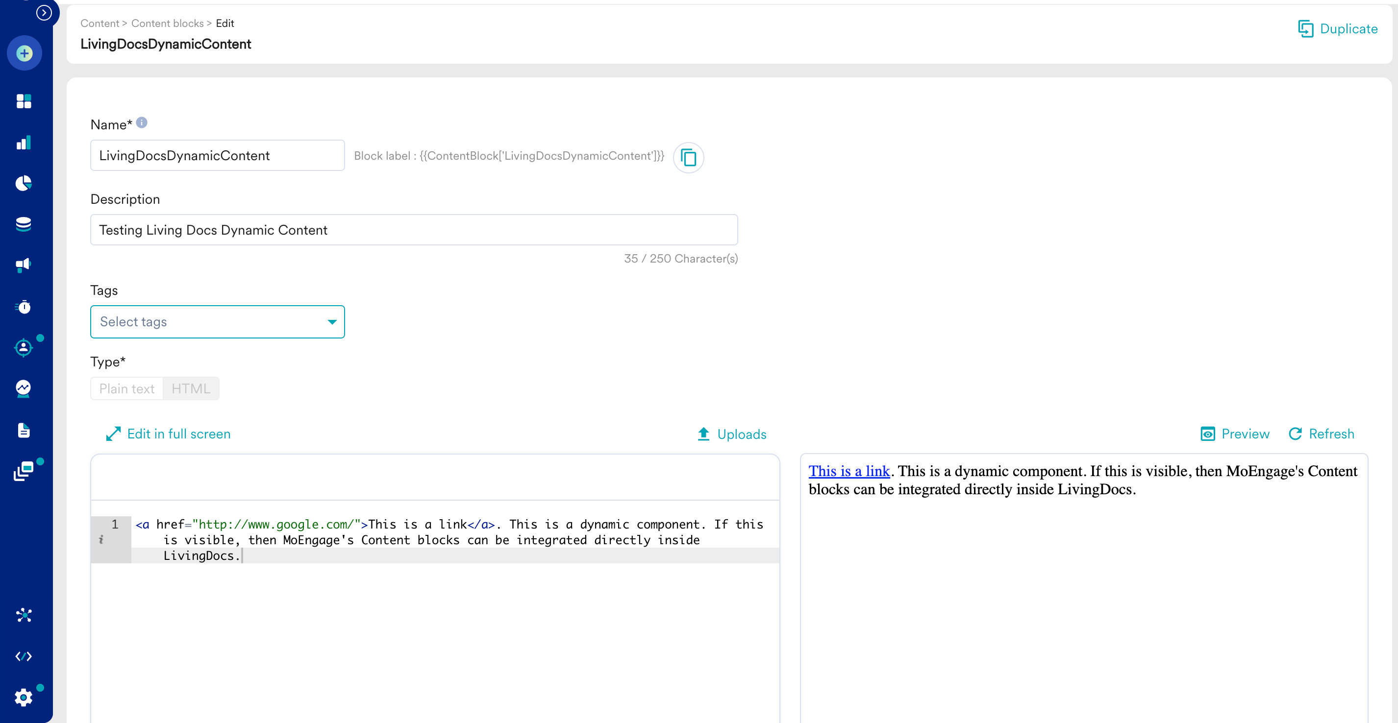 MoEngage content block editor with type and content options