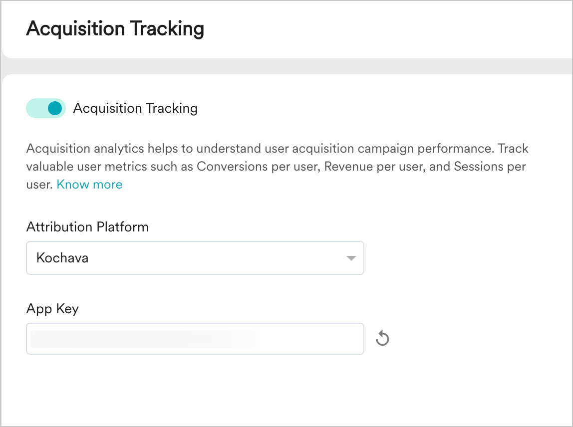 Acquisition Tracking settings with Kochava selected and App Key generated
