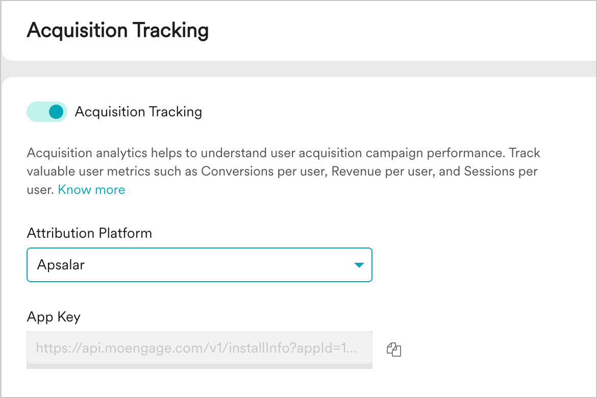 Acquisition Tracking settings with Apsalar selected and App Key generated