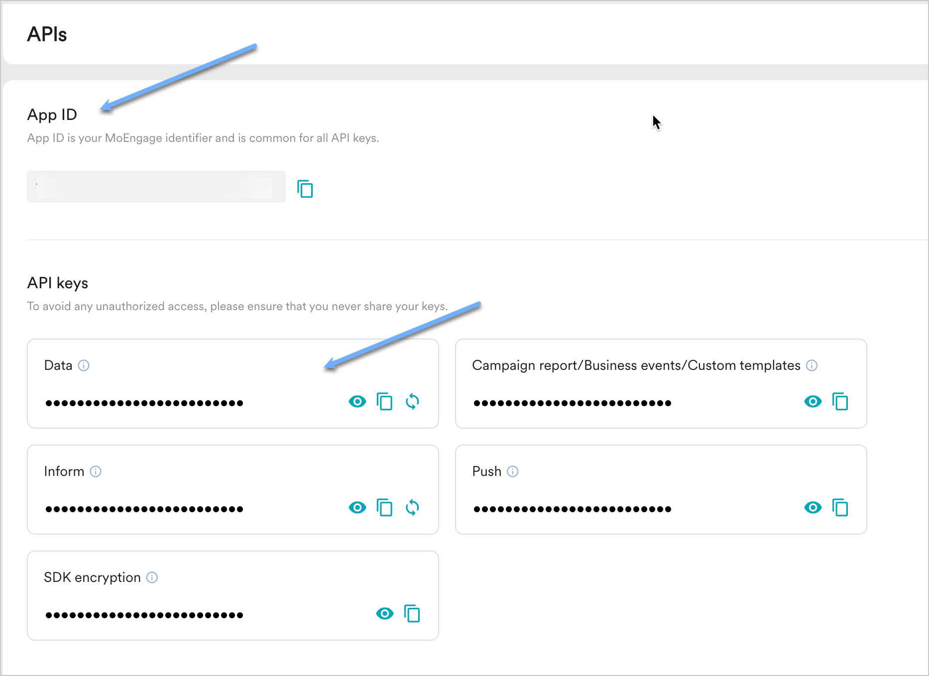 MoEngage Settings APIs page showing Workspace ID and Data API key
