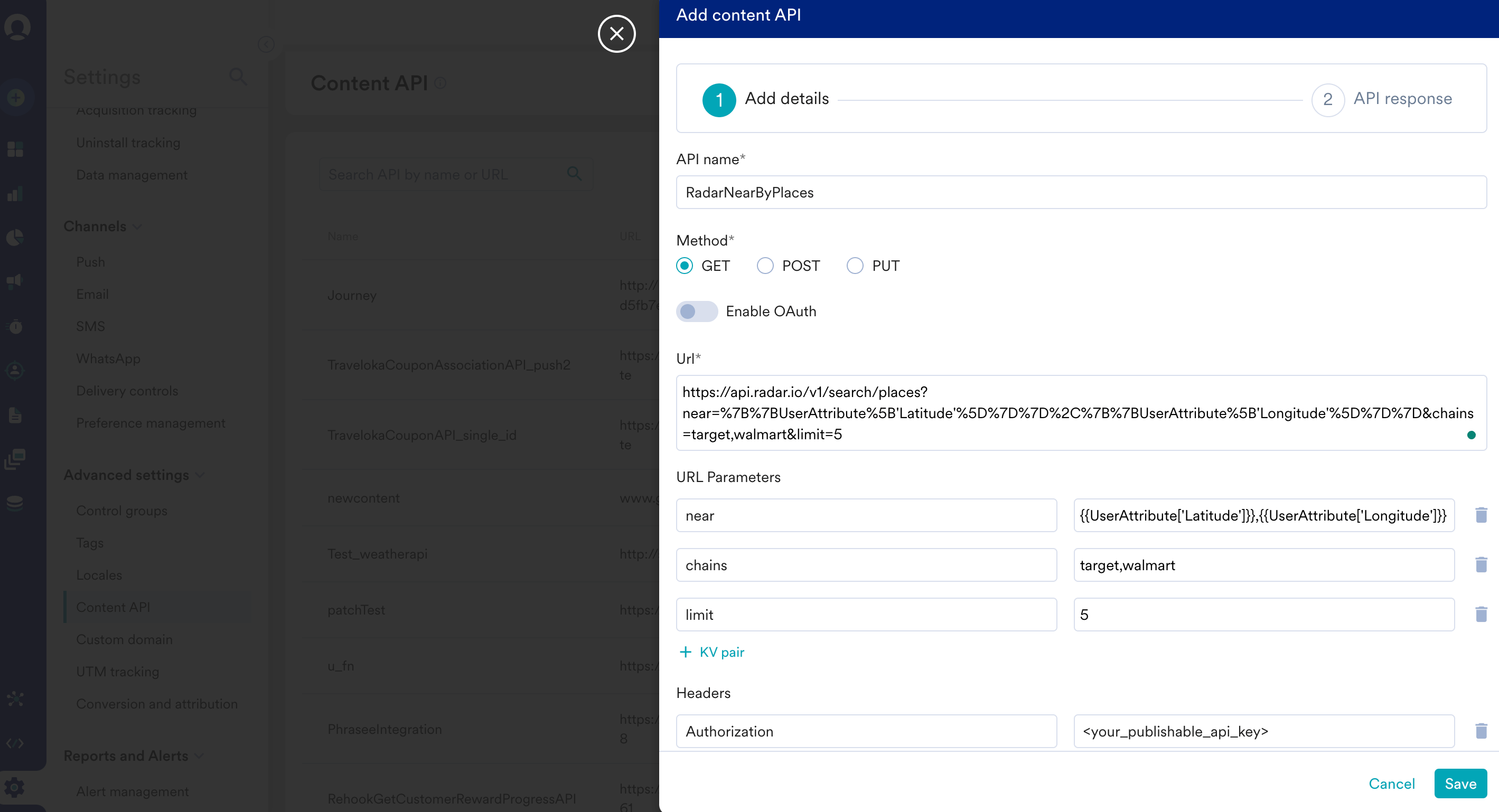 MoEngage Add content API dialog with URL parameters and headers configured for Radar