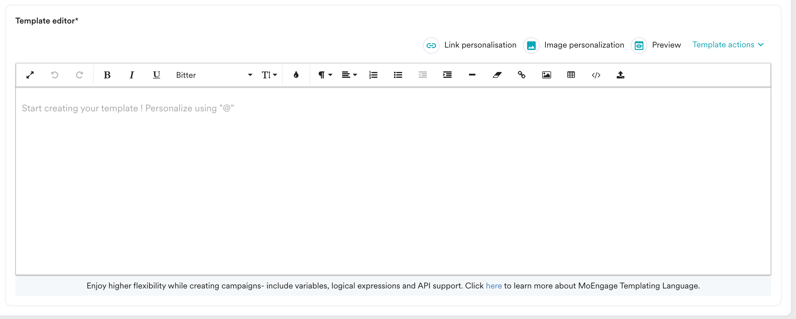 MoEngage email campaign step 2 with the Custom HTML editor template selected
