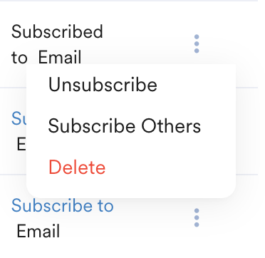 Alert actions menu showing Unsubscribe, Subscribe Others, and Delete