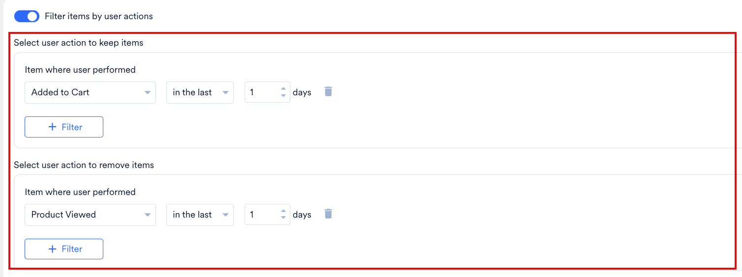 Configure user action filters