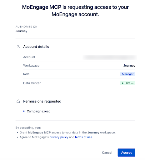 MCP Request Access MoEngage MCP OAuth authorization screen showing account, workspace, role, data center, and requested permissions