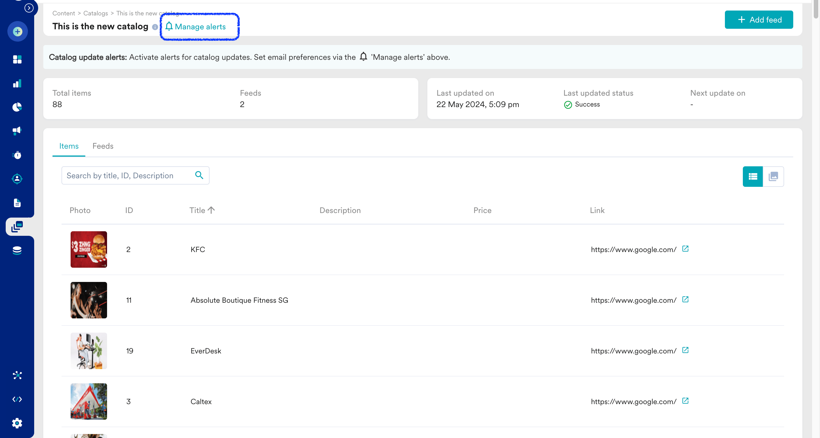 Manage Alerts option on the catalog page