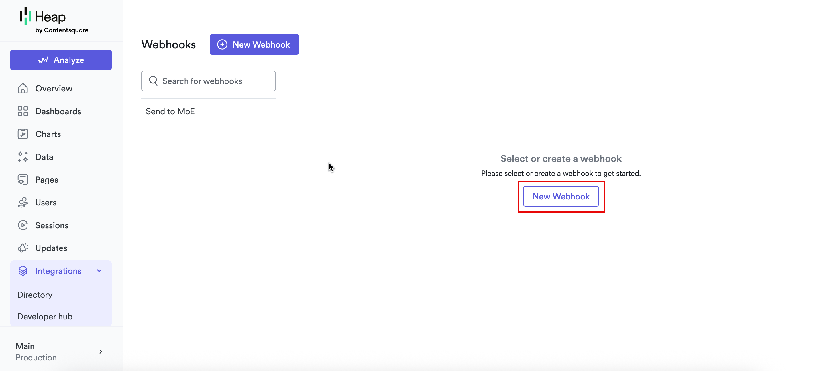 New Webhook button in Heap
