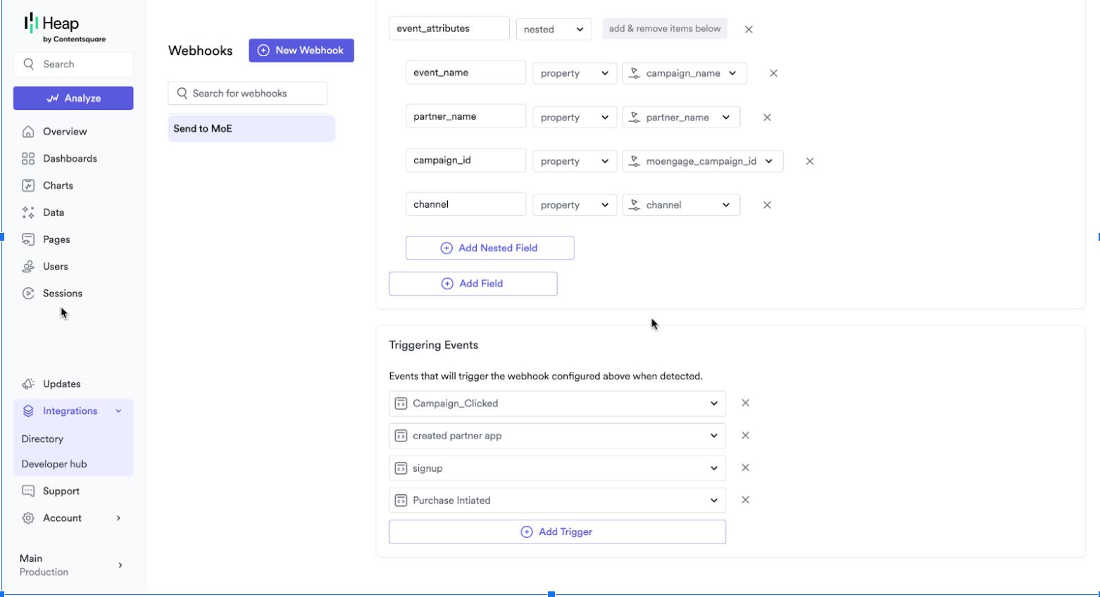 Save Webhook button in Heap