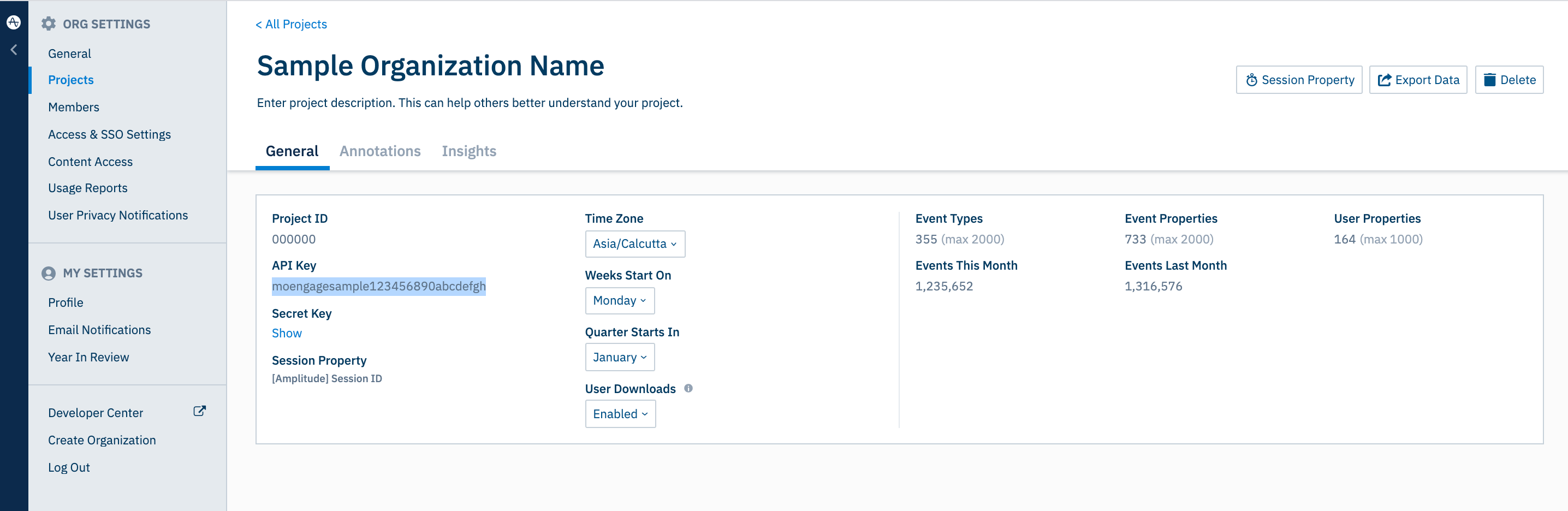 Amplitude project settings page showing the API Key