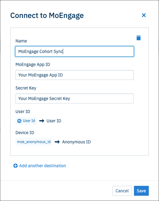 Add MoEngage as a destination popup in Amplitude