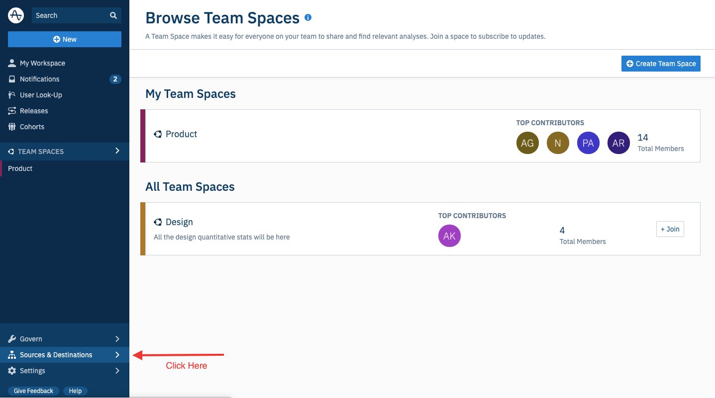 Amplitude Sources and Destinations page