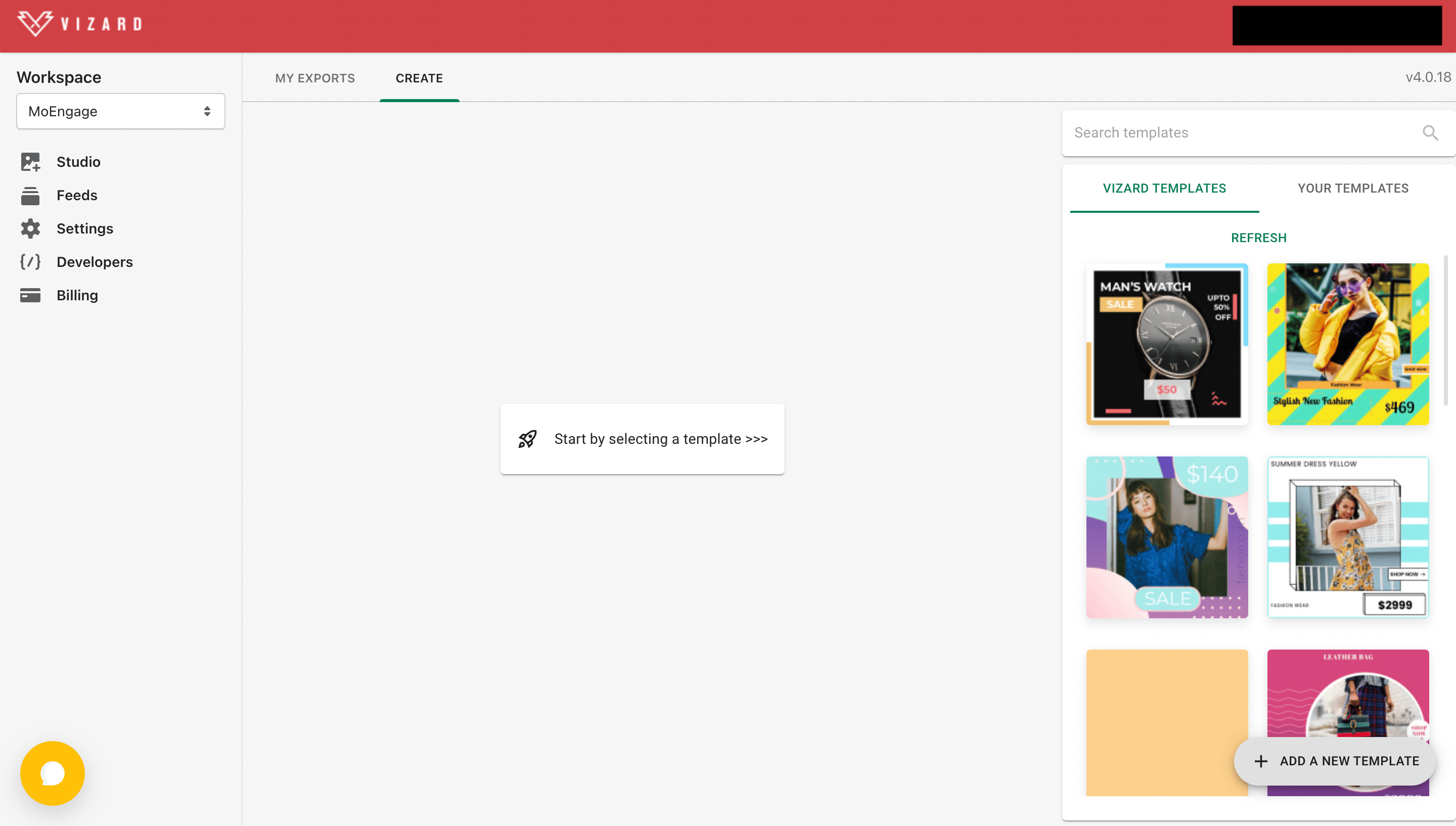 Vizard new project screen with template options