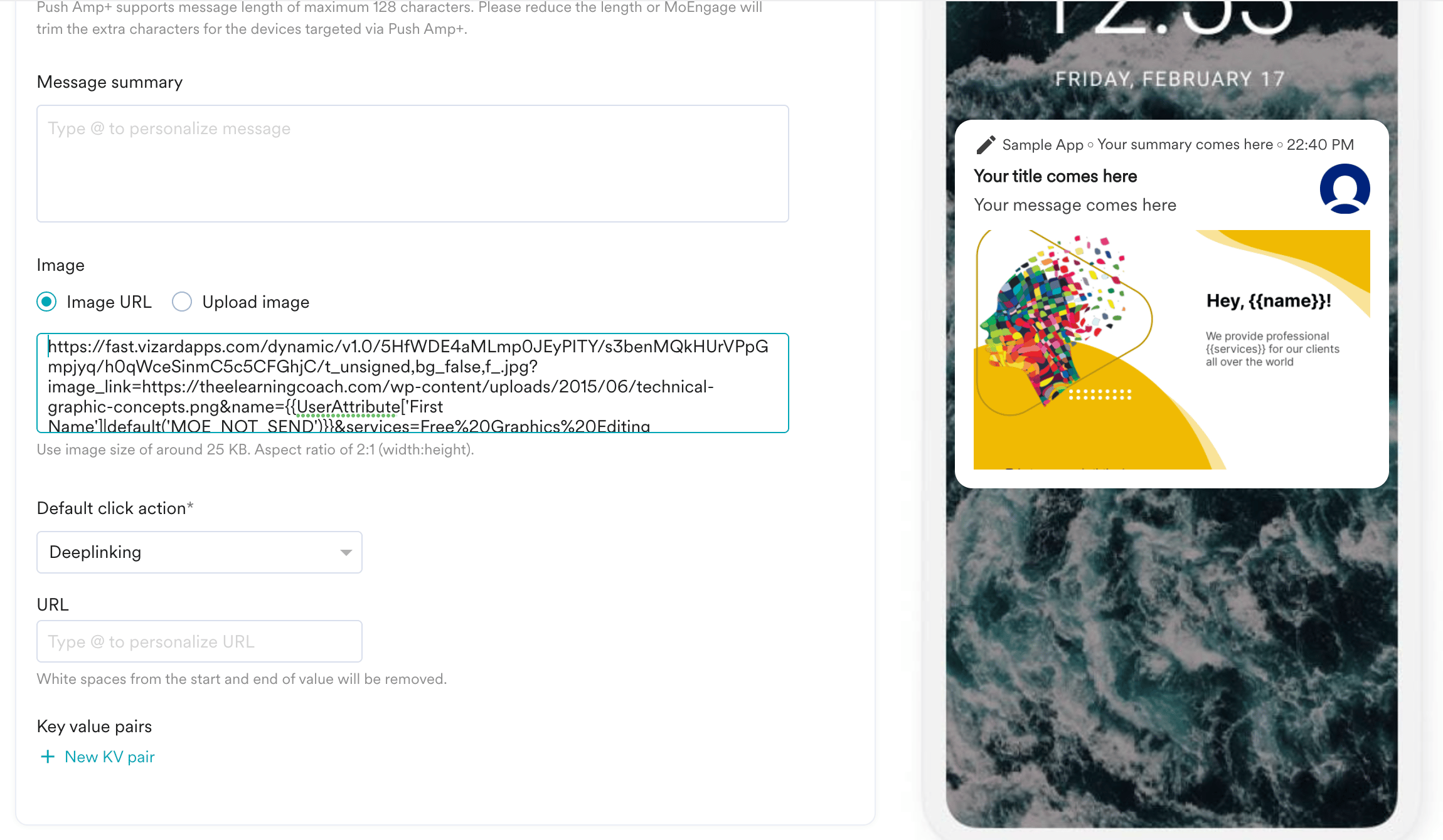 MoEngage push campaign editor with the Vizard image URL pasted in