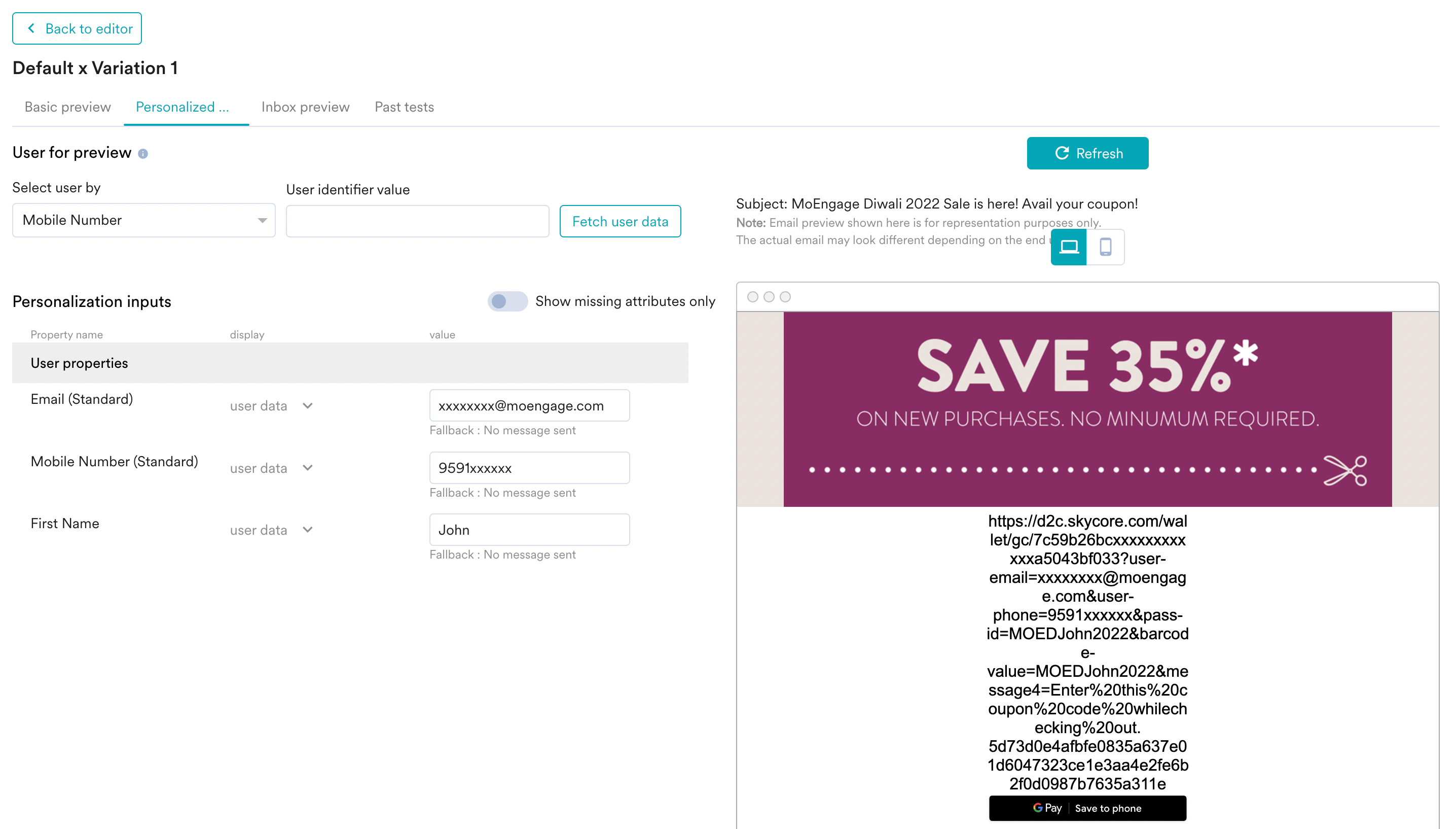Personalized preview of the pass link in the template