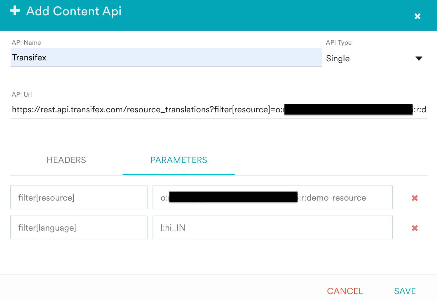 Parameters section of the MoEngage Content API configuration with the resource and language filters set