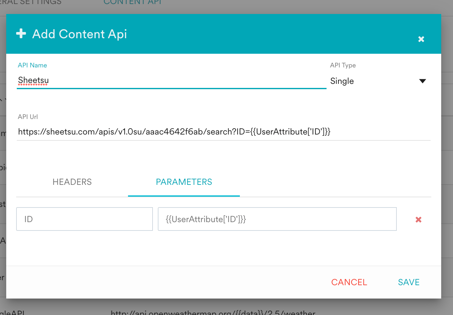 Configuring Sheetsu name and API URL as a Content API