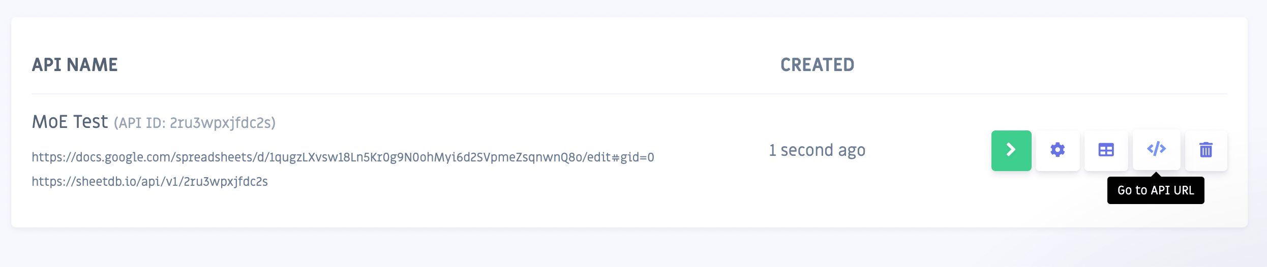 Testing the Sheetdb API by clicking Go to API URL