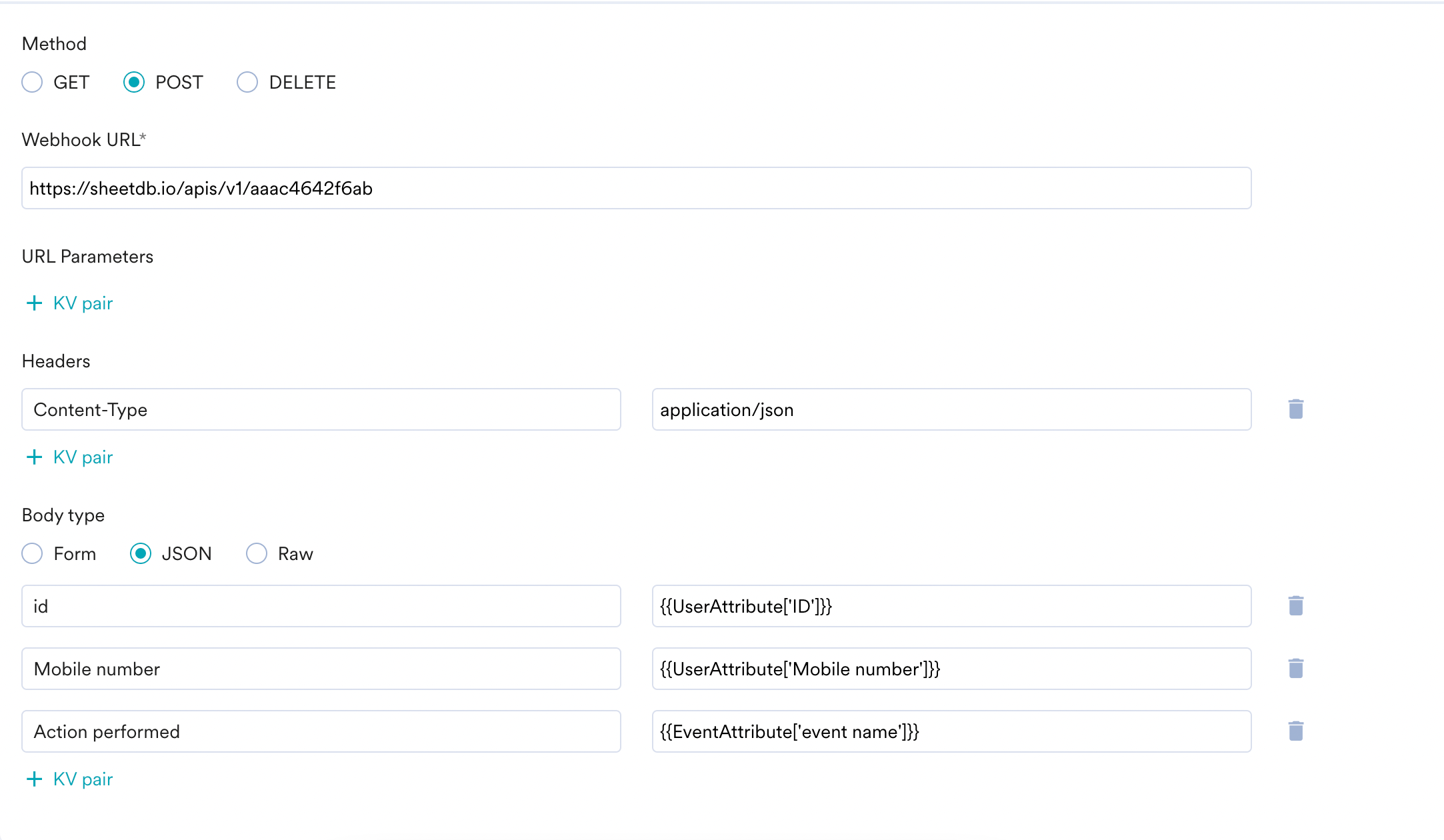 Connector campaign webhook configuration for Sheetdb