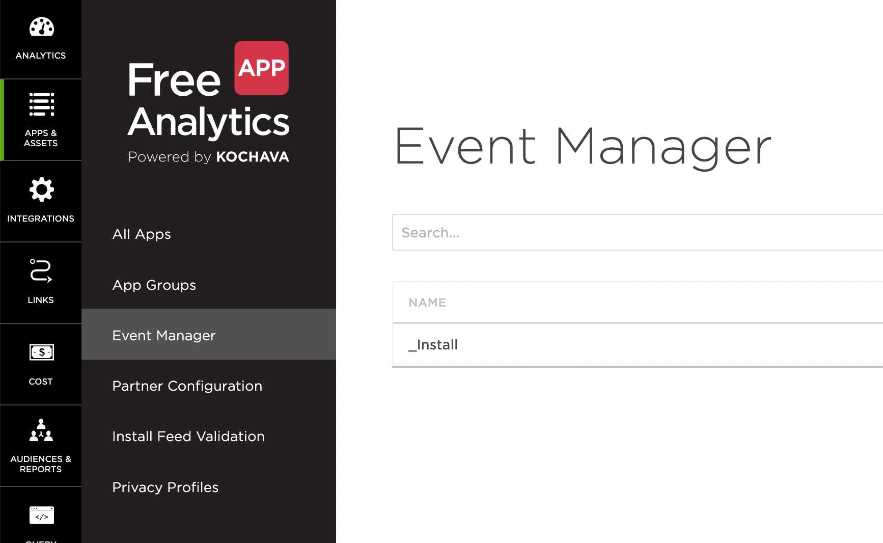 App & Assets menu showing the Event Manager option in Kochava