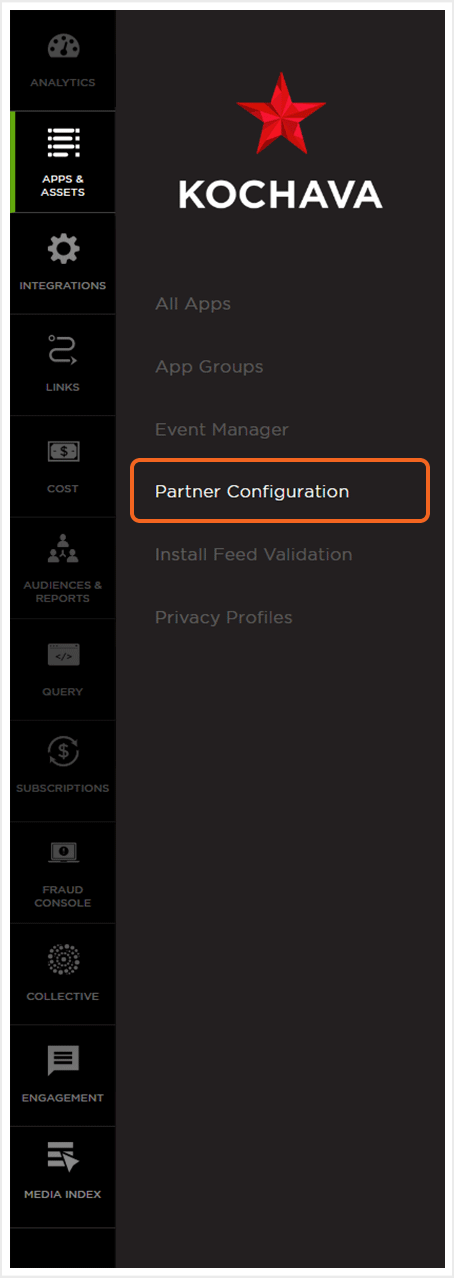 App & Assets menu showing the Partner Configuration option in Kochava