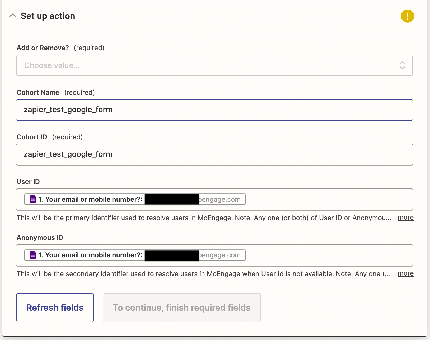 Cohort action fields mapped from Google Form outputs