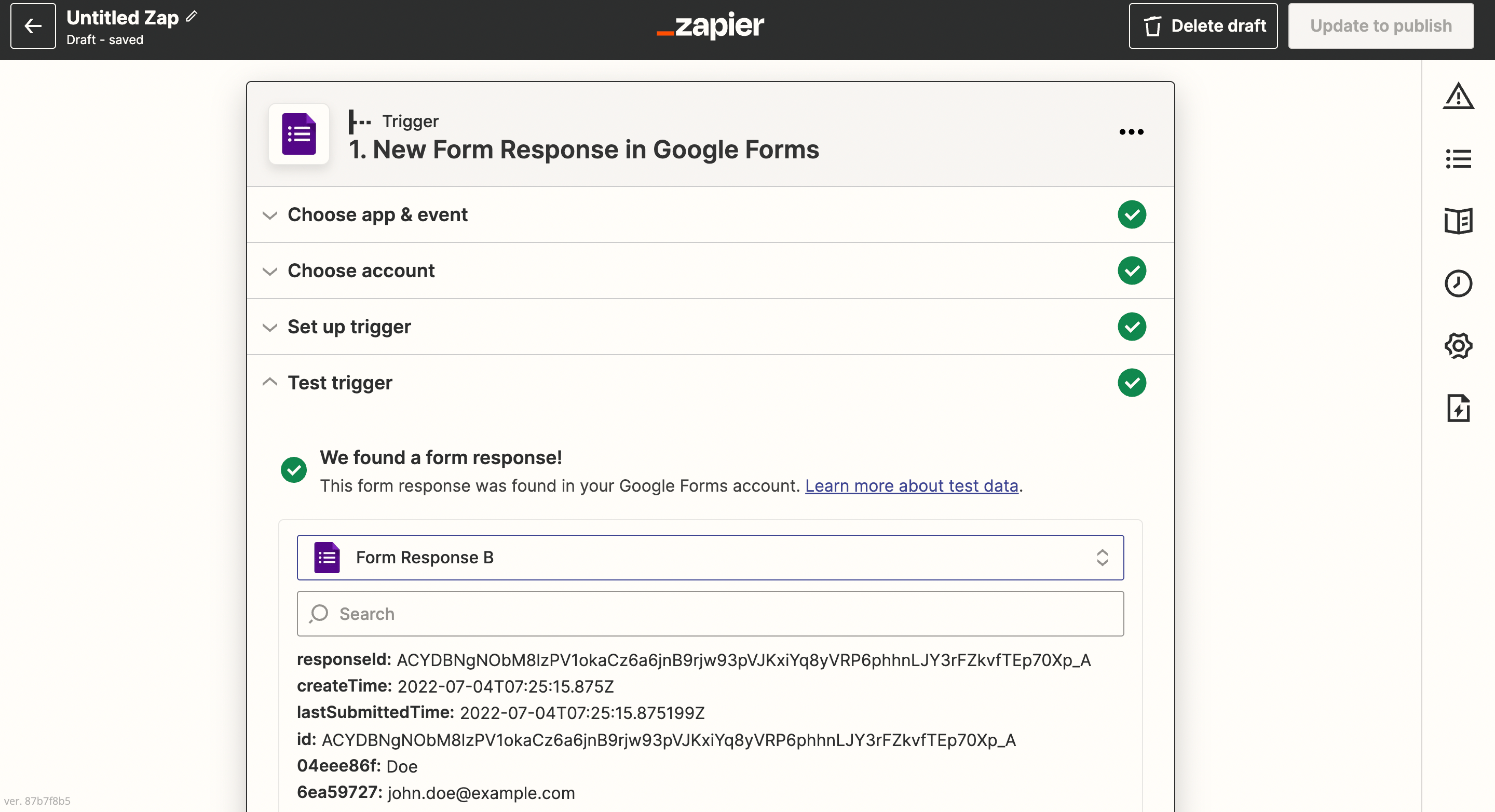 Google Forms trigger setup with selected form