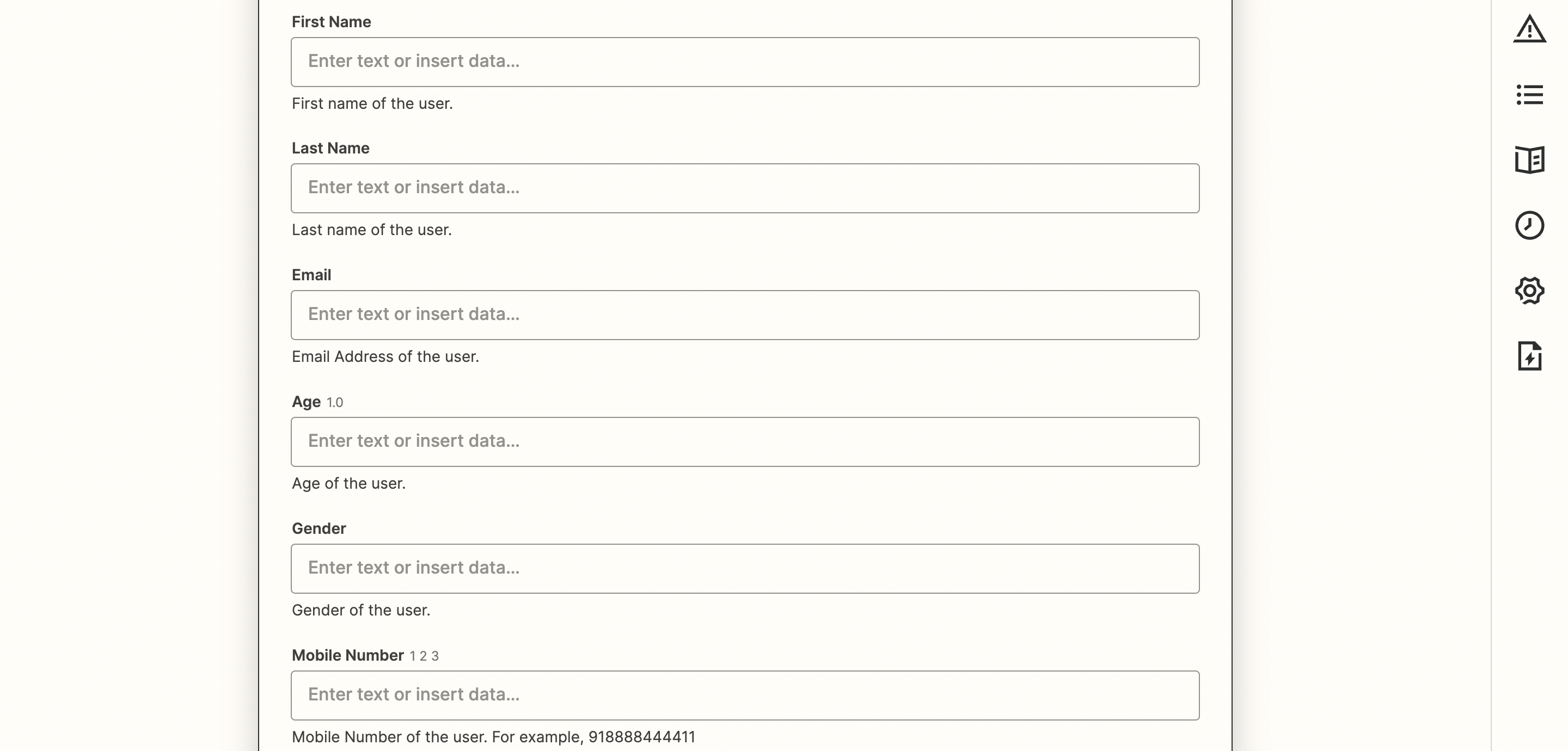Continuation of Create or Update User action fields