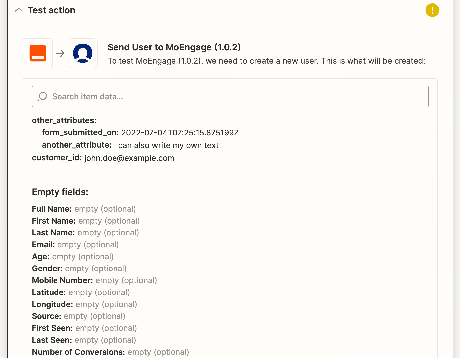 Test setup screens for Create or Update User action