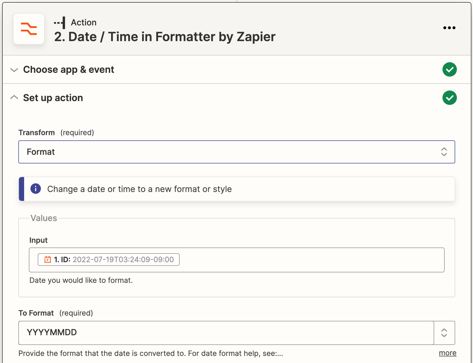 Formatter by Zapier configured to format date as YYYYMMDD
