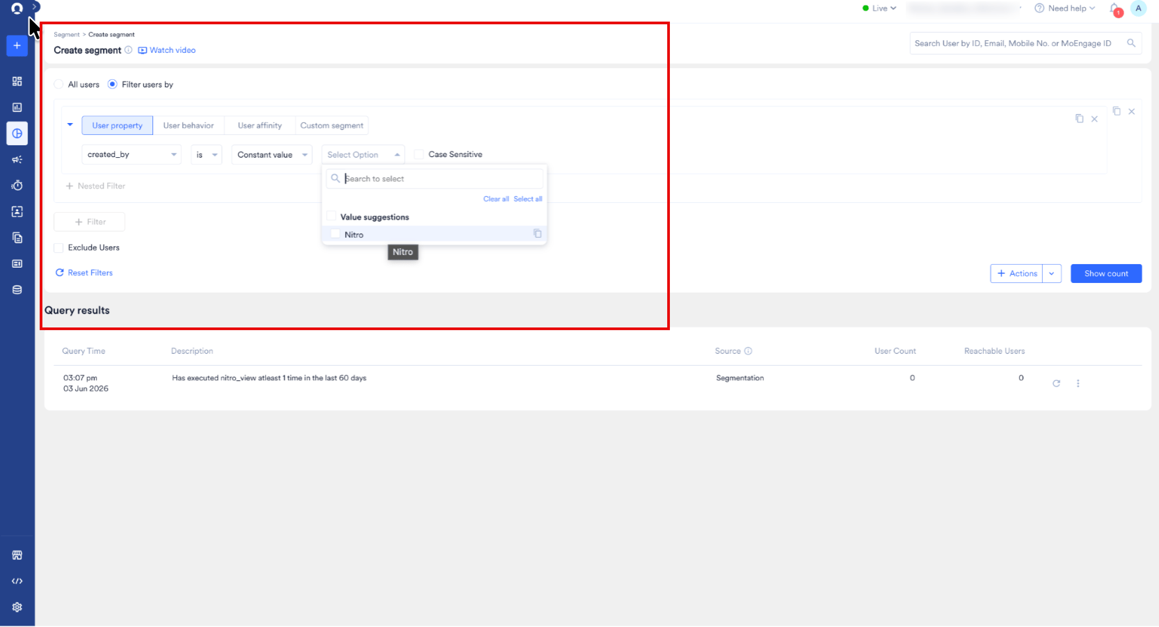 MoEngage segment query filtering users by the created_by attribute