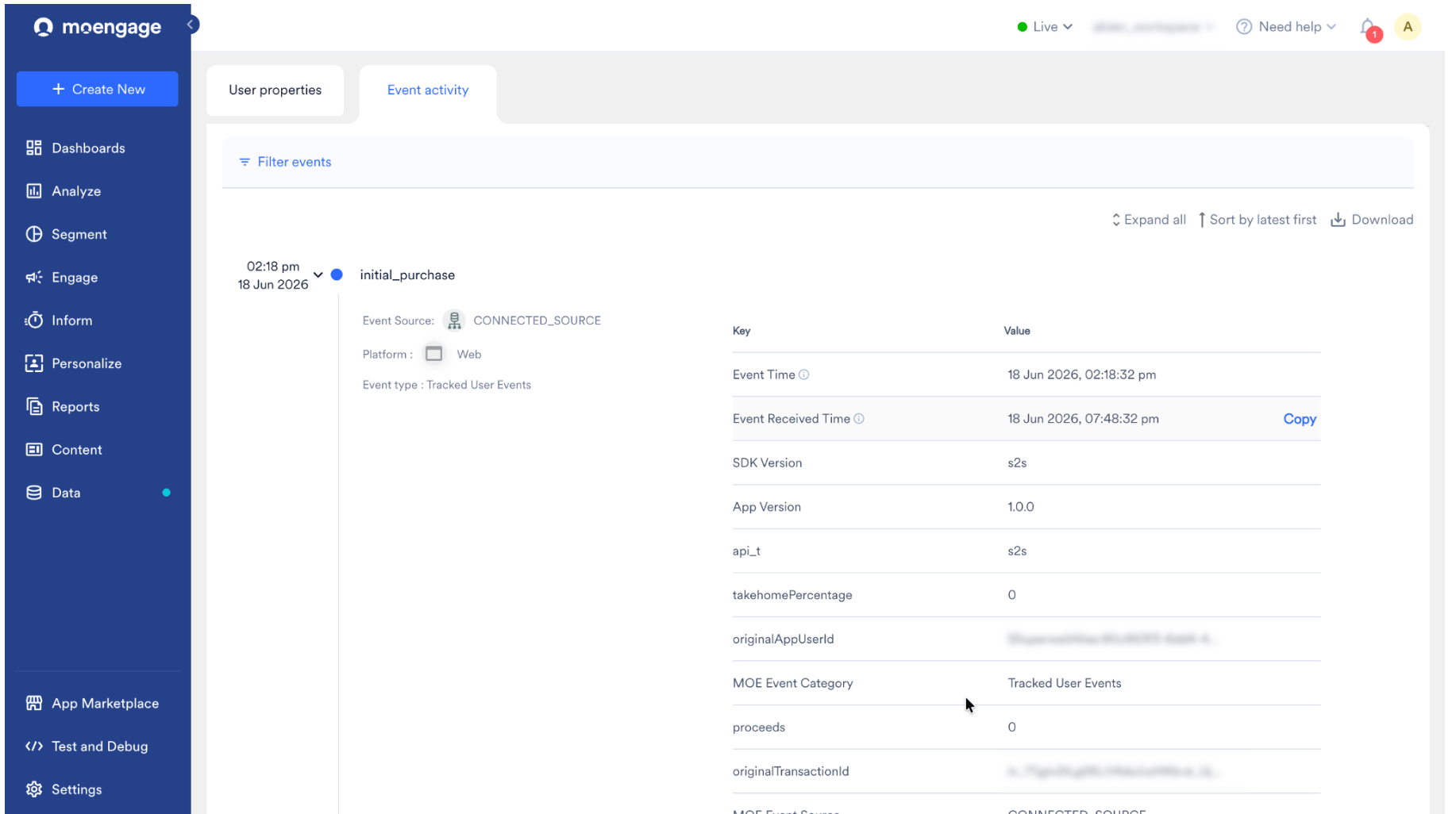 MoEngage Event activity tab showing the initial_purchase event with its attributes from the connected source