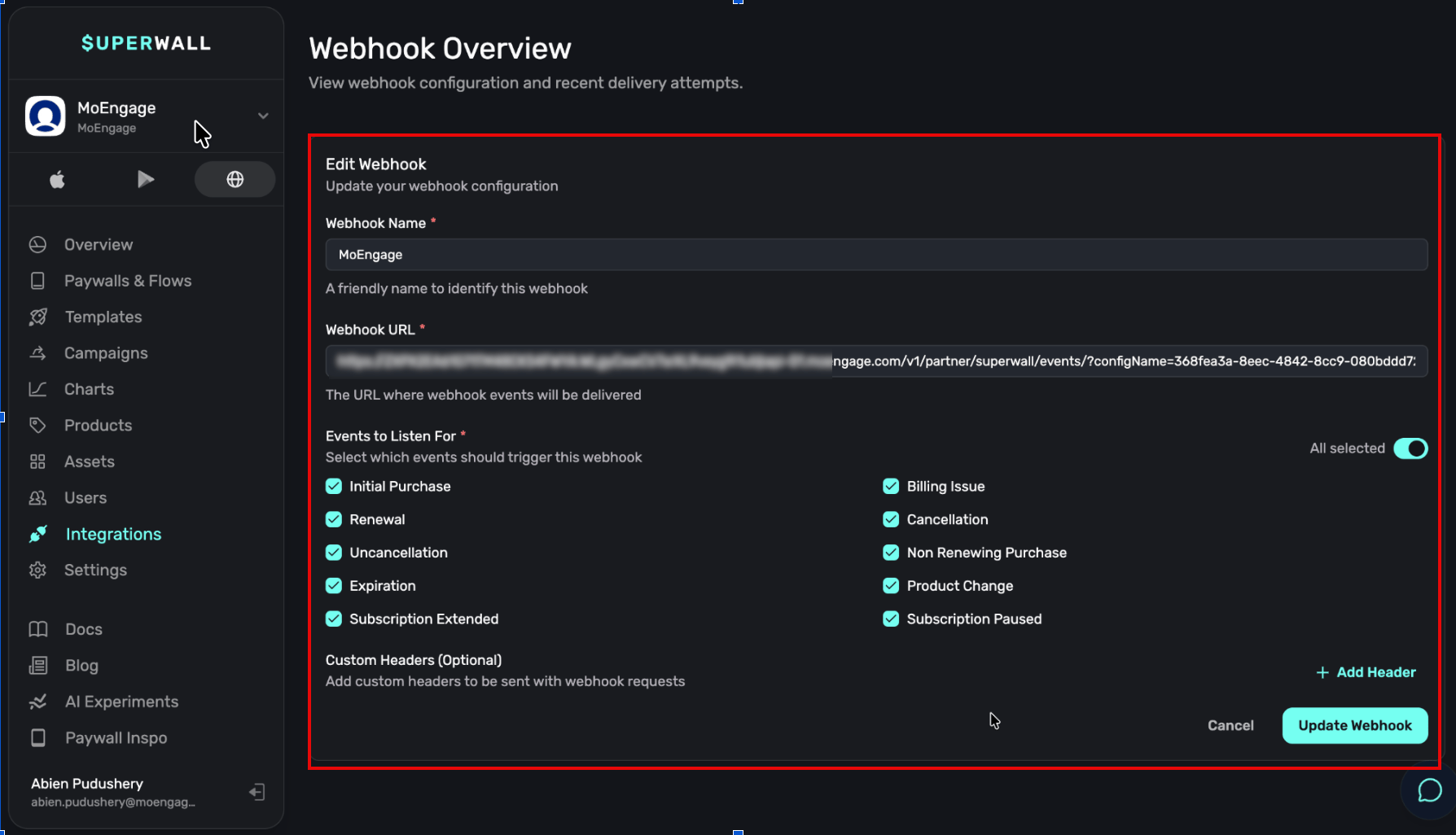 Superwall Edit Webhook page showing the webhook name, URL, and the events to listen for