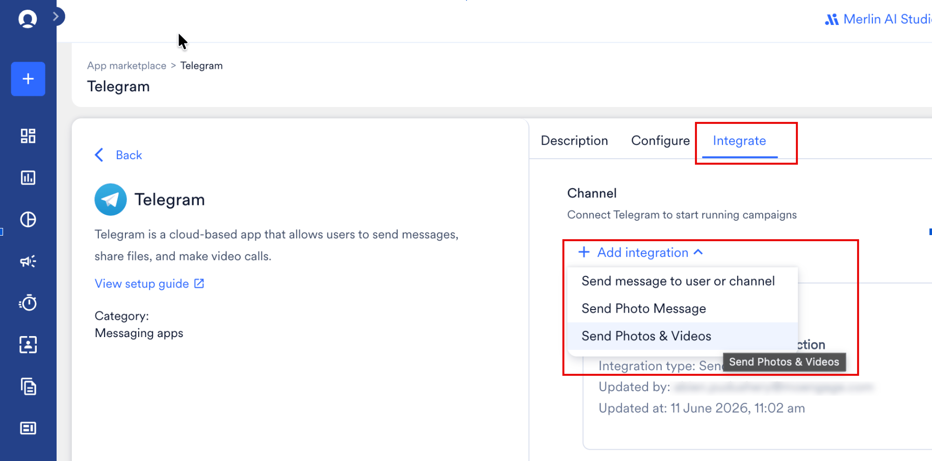 Telegram Add integration drop-down list