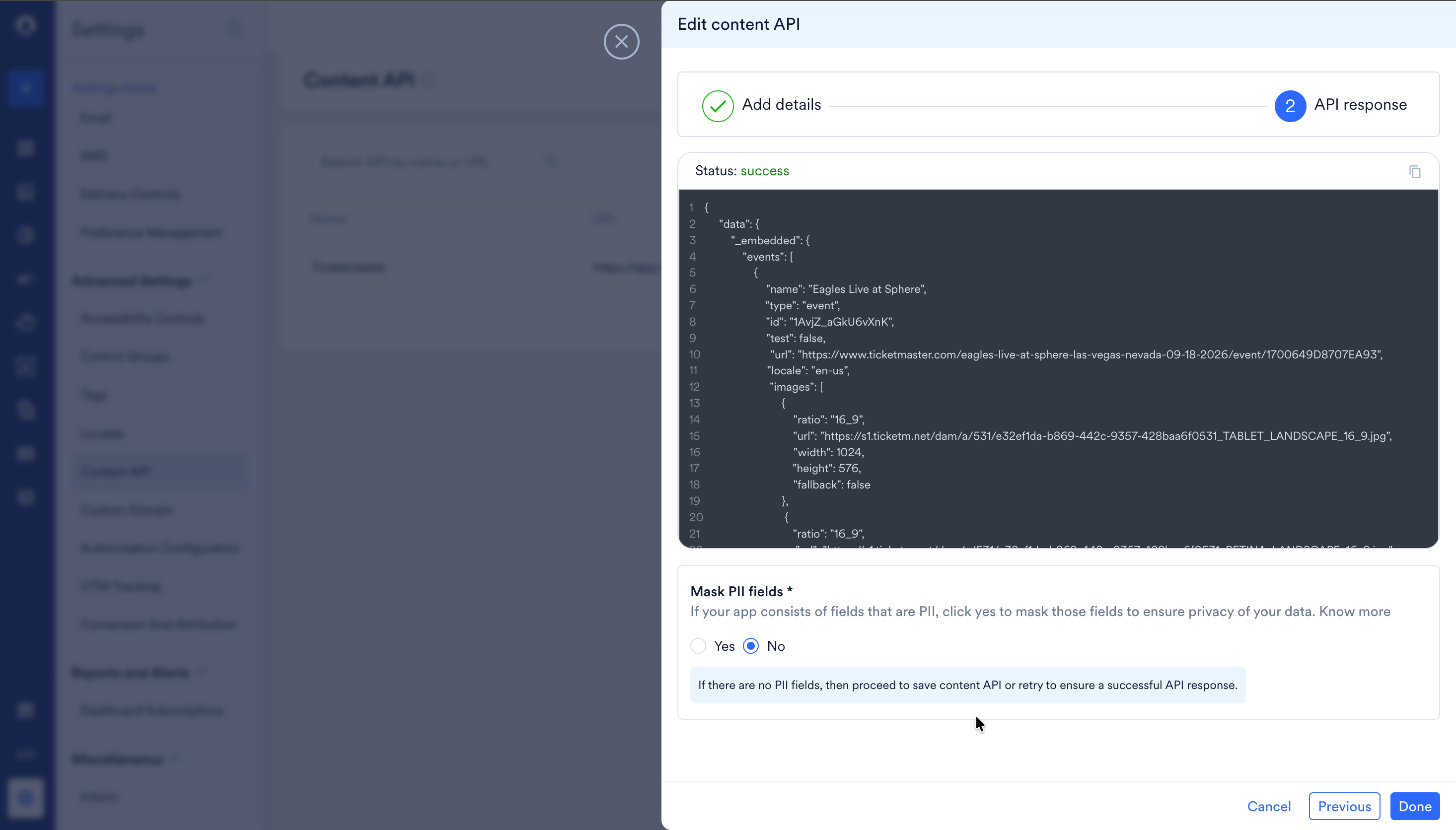 Validating the Content API response in MoEngage