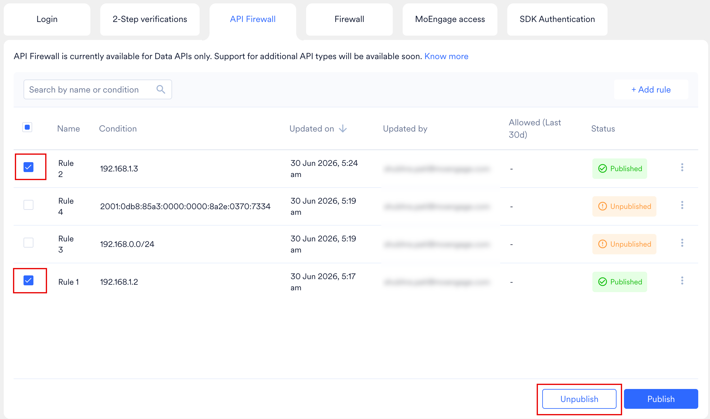 Unpublish API Firewall Rules