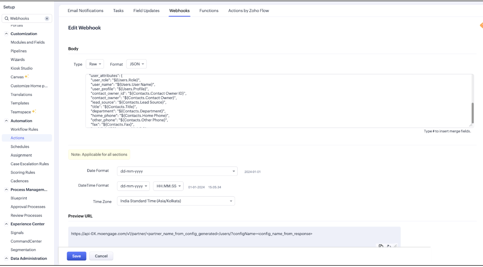 Data mappings for Zoho CRM modules in the webhook request body