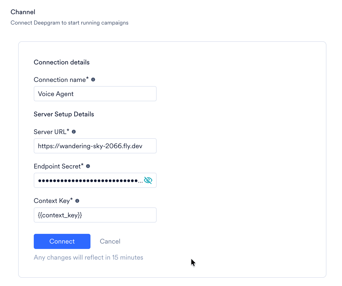 Connection details form for the Deepgram voice agent showing connection name, server URL, endpoint secret, and context key fields