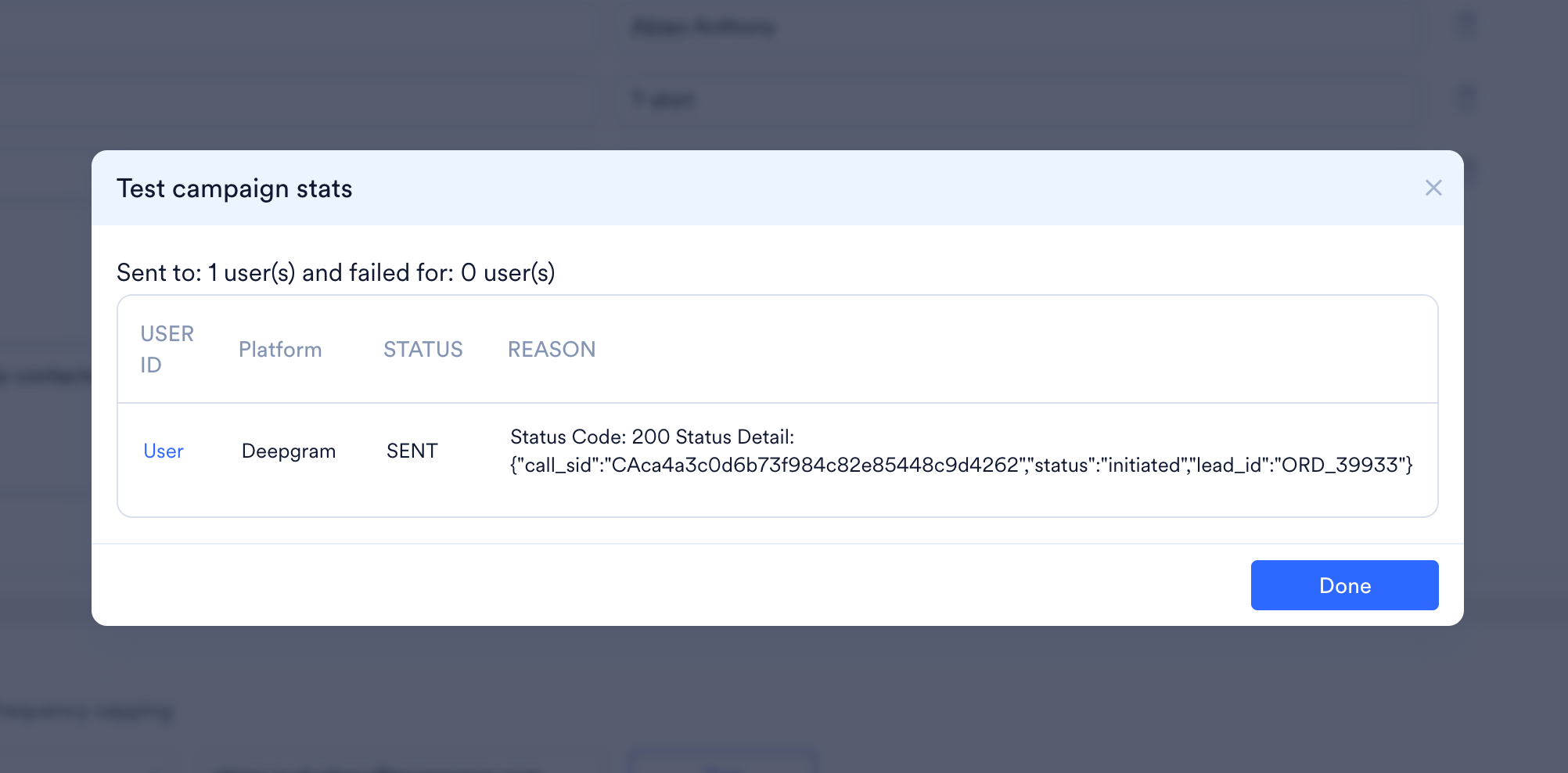 Test campaign stats dialog showing a sent Deepgram call with status code 200 and the returned call details